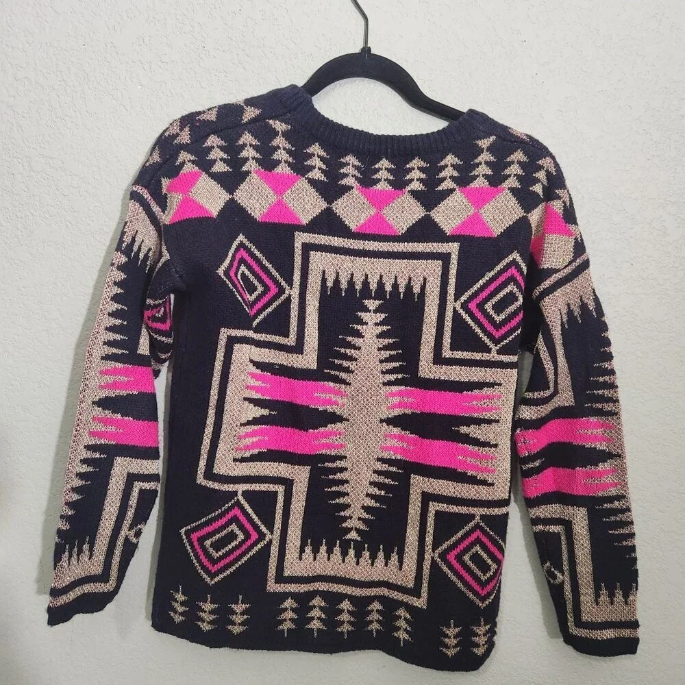 Forever 21 Sweater Womens Geometric Aztec Print Navy Pink Beige S/M Cottagecore